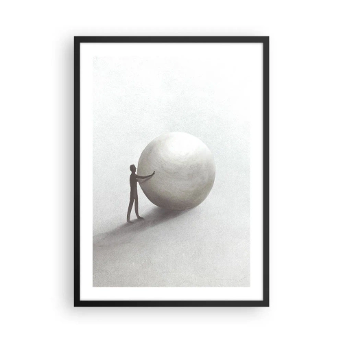 Poster in een zwarte lijst - Een minimalistisch figuur met een grote bal op een neutrale achtergrond. - 50x70cm - Het spel van het leven - Moderne wanddecoratie voor woonkamer en slaapkamer ARTTOR
