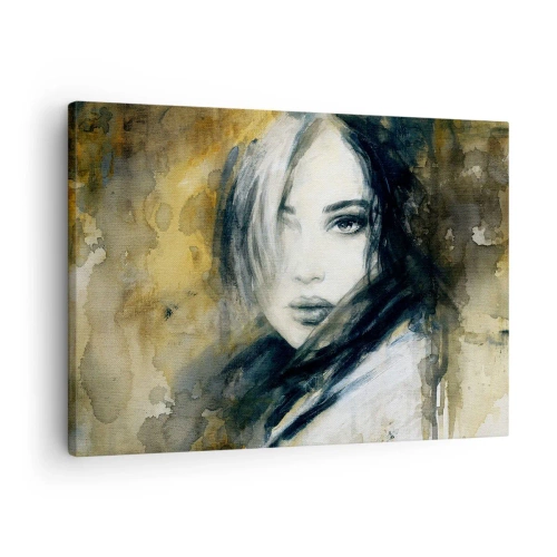 Schilderen op canvas - Portret van een vrouw tegen een achtergrond van abstracte vlekken in beige tinten - 70x50cm - onschuldiger of sensueler? - Moderne wanddecoratie voor woonkamer en slaapkamer ARTTOR