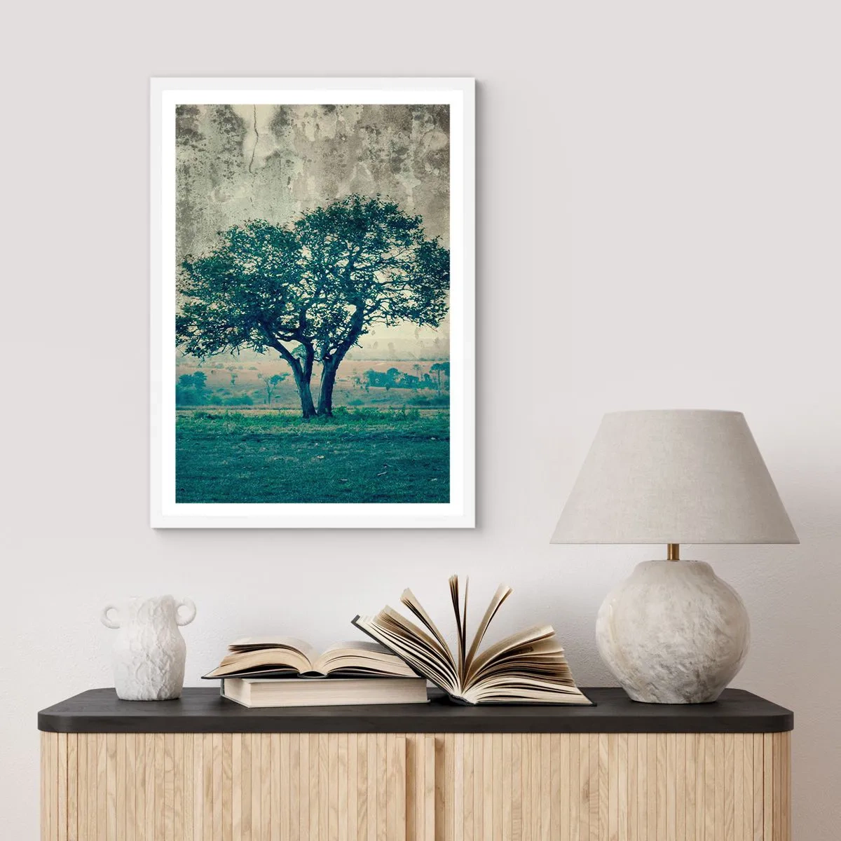 Poster in een witte lijst - Een appelboom op een blauw veld? - 50x70 cm