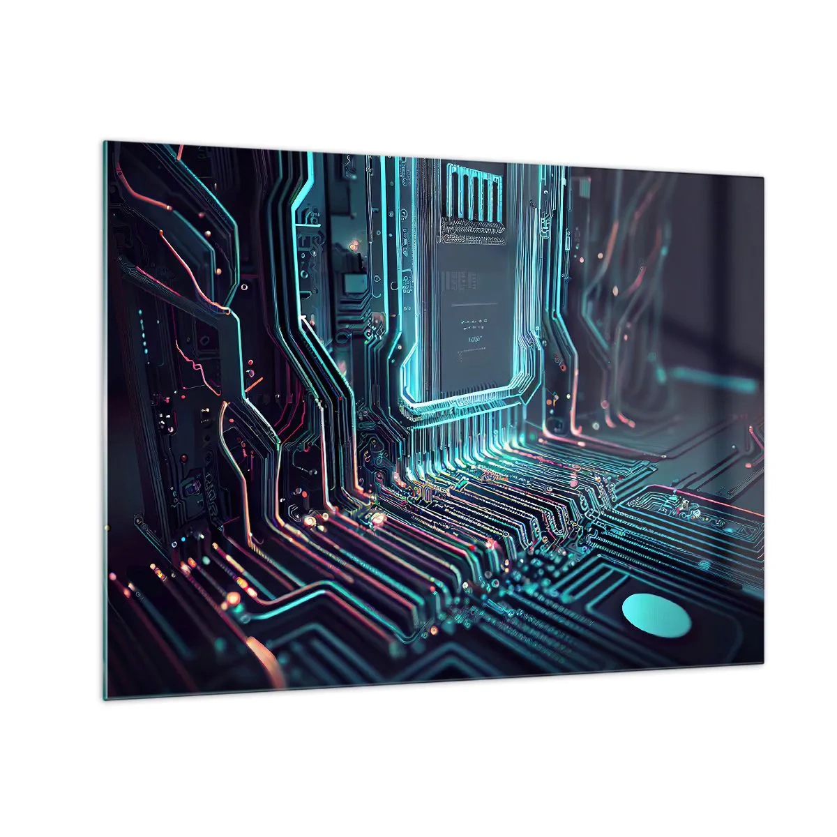 Schilderen op glas - Neonvisualisatie van processorsporen op een zwarte achtergrond - 70x50cm - Ik ben aan het denken… - Moderne wanddecoratie voor woonkamer en slaapkamer ARTTOR