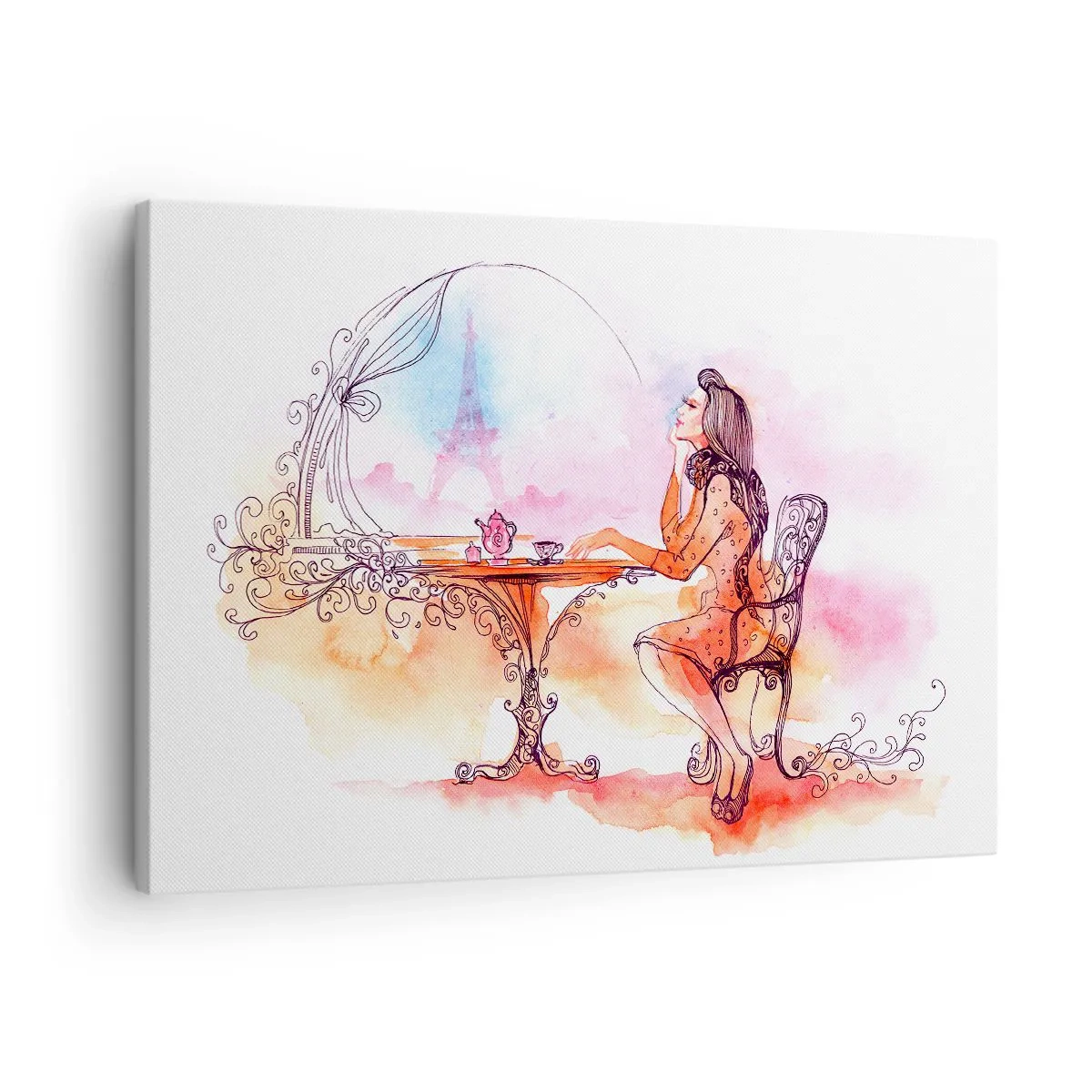 Schilderen op canvas - Romantische aquarel van een vrouw in een café met uitzicht op een toren - 70x50cm - Parijse chic - Moderne wanddecoratie voor woonkamer en slaapkamer ARTTOR