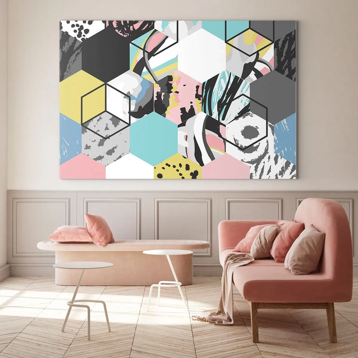 Schilderen op glas - Zeshoeken en kubussen in zes kleuren - 100x70 cm