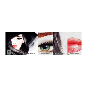 Fotobehang Monster Premium Canvas - Saffier look - Het gezicht van de vrouw, rode lippen, Groene ogen - 100x30 cm