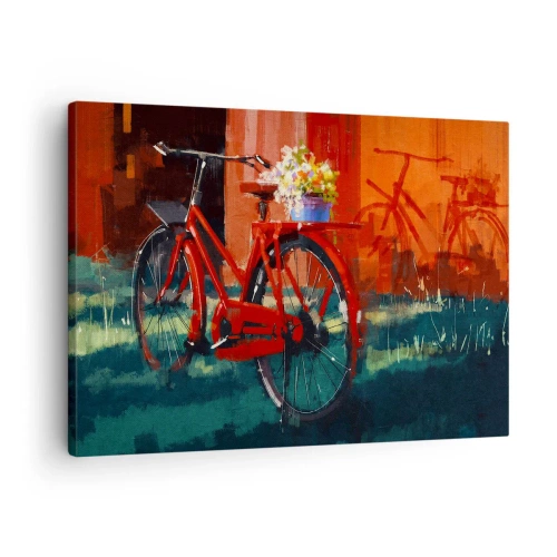 Schilderen op canvas - Een rode fiets met bloemen tegen een oranje muur - 70x50cm - Ik wil met mijn fiets rijden - Moderne wanddecoratie voor woonkamer en slaapkamer ARTTOR