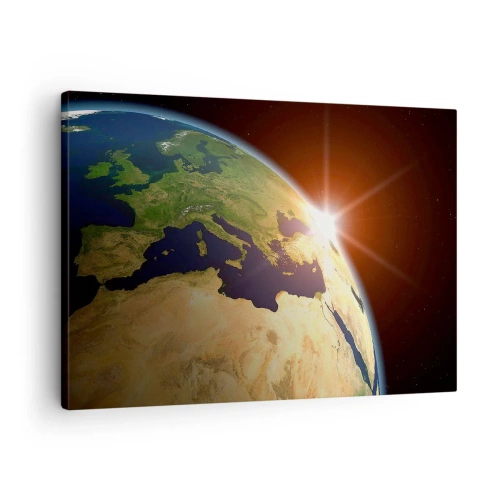 Schilderen op canvas - Uitzicht op de aarde vanuit de ruimte met zonnestralen aan de horizon - 70x50cm - Zonsopgang - Moderne wanddecoratie voor woonkamer en slaapkamer ARTTOR