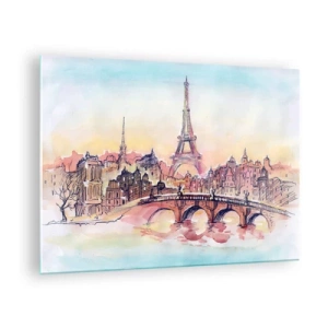 Schilderen op glas - Een panorama van Parijs met de Eiffeltoren in een delicate aquarelstijl - 70x50cm - De enige dergelijke stad ter wereld - Moderne wanddecoratie voor woonkamer en slaapkamer ARTTOR