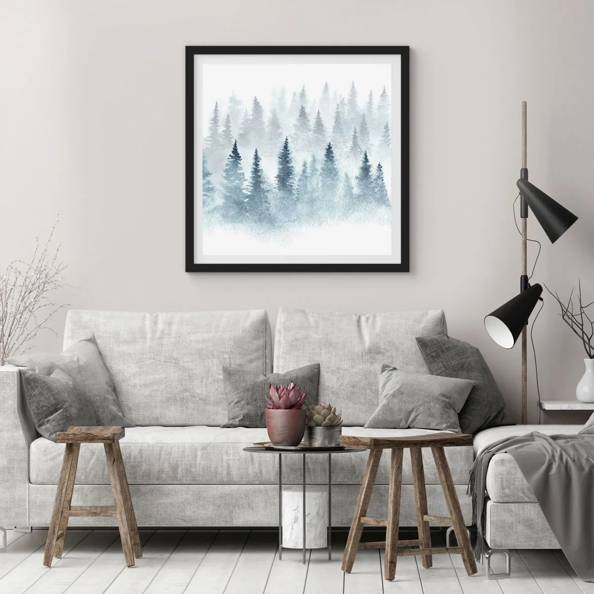 Poster in een zwarte lijst - Gehuld in mist - 30x30 cm