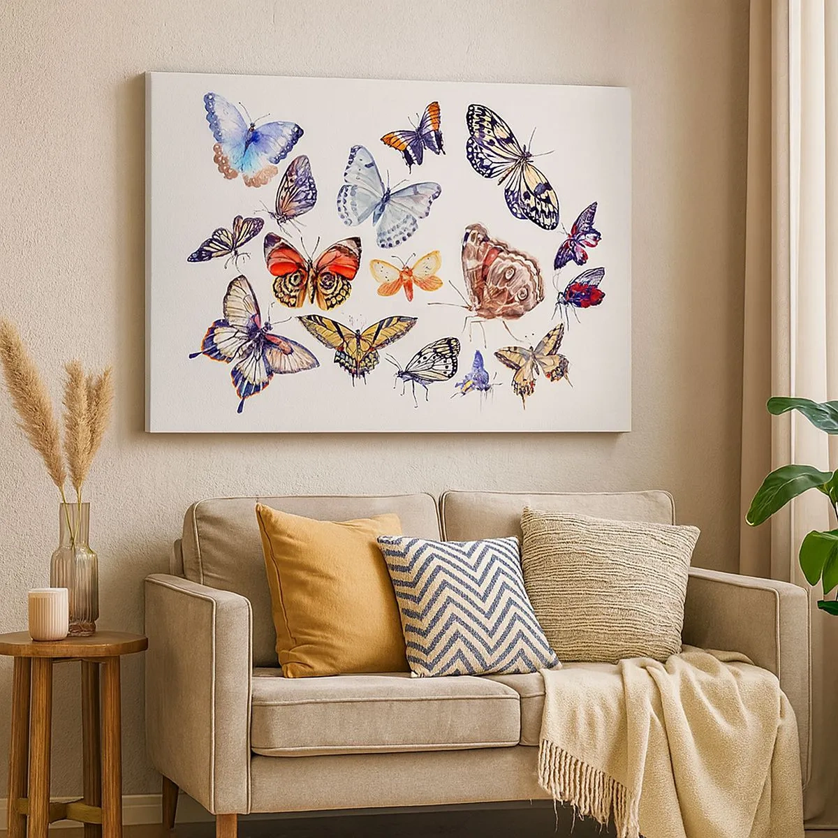 Schilderen op canvas - Kleurrijke vlinders op een witte achtergrond - 70x50cm - Kanten, kleurrijke zwerm - Moderne wanddecoratie voor woonkamer en slaapkamer ARTTOR