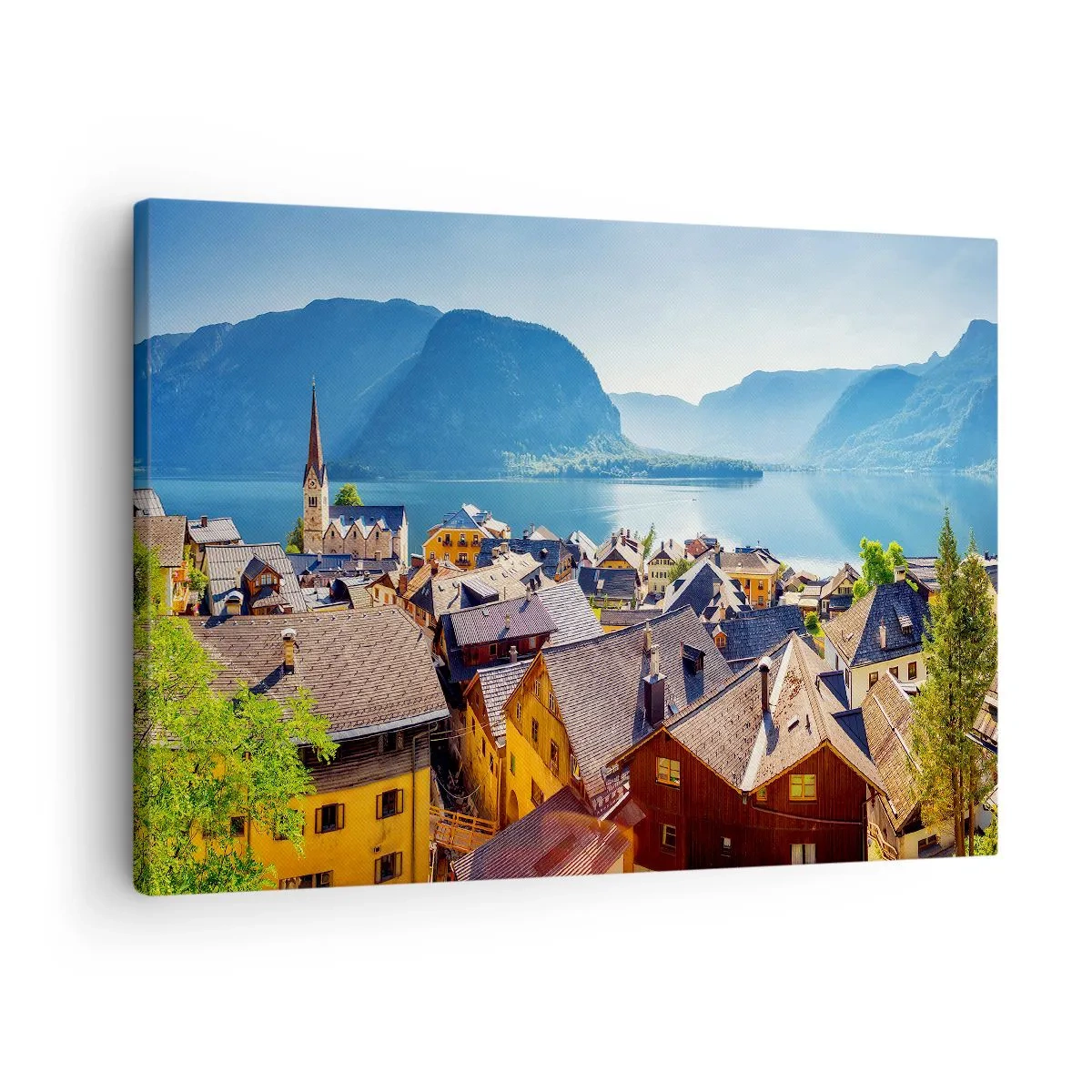 Schilderen op canvas - Een pittoresk dorpje aan een meer, omringd door bergen op een zonnige dag - 70x50cm - Het kan niet meer schilderachtiger zijn - Moderne wanddecoratie voor woonkamer en slaapkamer ARTTOR
