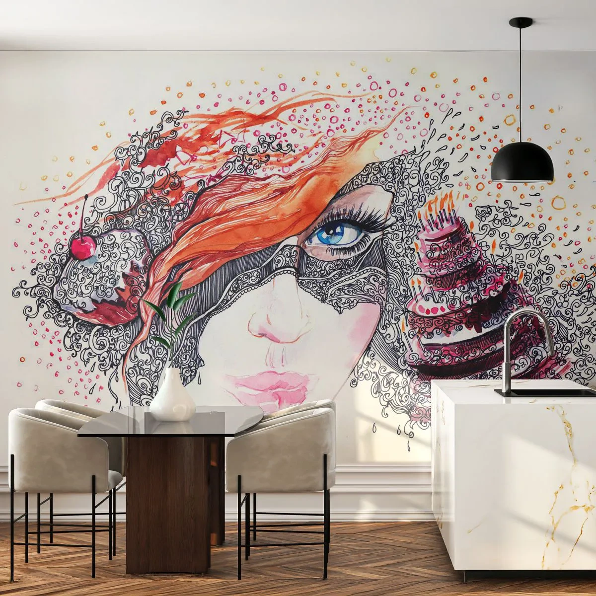 Zelfklevend Fotobehang Deluxe Sticker - Elke dag is er een feestdag met haar - Abstractie, Het gezicht van de vrouw, Taart - 250x175 cm
