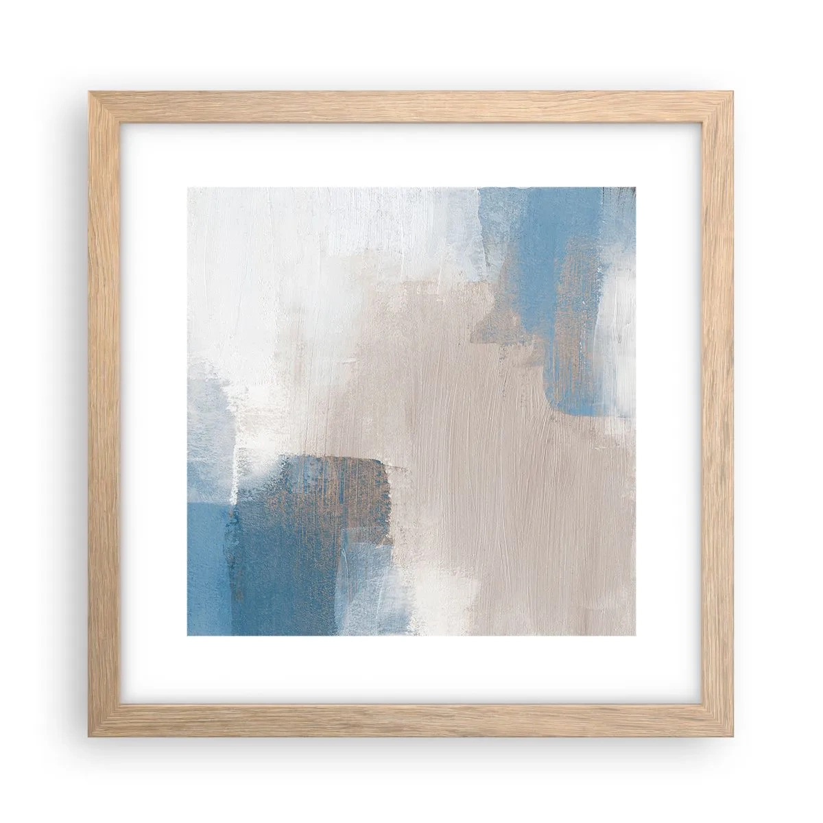 Een poster in een licht eiken lijst - Roze abstractie achter een blauw gordijn - 30x30 cm