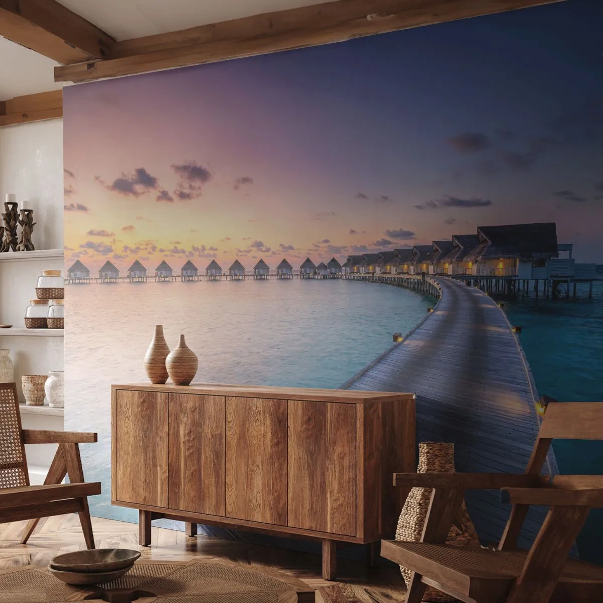 Fotobehang Standard Eco - Een houten steiger met tropische waterhuizen op de achtergrond - 100x70cm - Vakantie - terug naar de bronnen - Moderne wanddecoratie voor woonkamer en slaapkamer ARTTOR