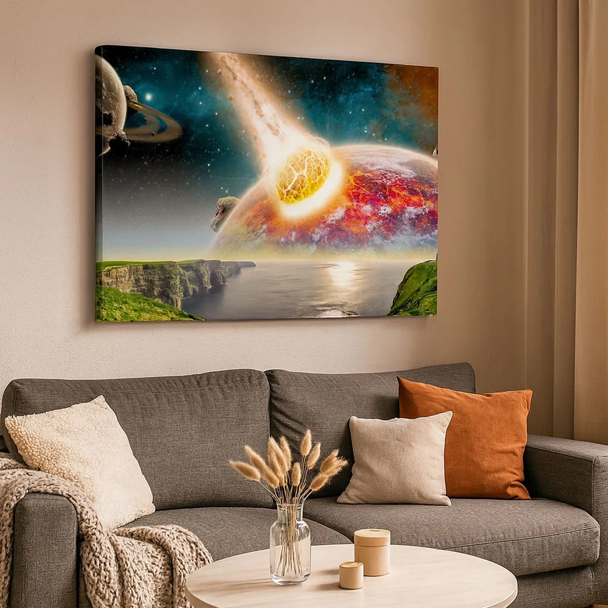 Schilderen op canvas - Een meteoriet botst op een planeet in een kosmisch landschap. - 70x50cm - Kosmisch drama - Moderne wanddecoratie voor woonkamer en slaapkamer ARTTOR