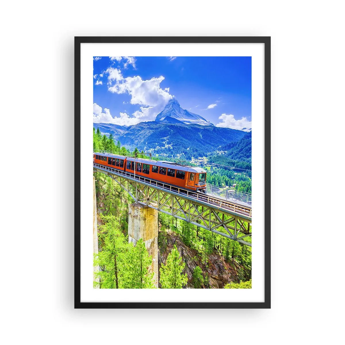 Poster in een zwarte lijst - Een trein op een brug in de Alpen met uitzicht op de Matterhorn - 50x70cm - Het is tijd voor de Alpen - Moderne wanddecoratie voor woonkamer en slaapkamer ARTTOR