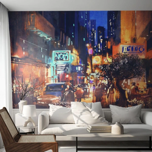 Fotobehang Premium Canvas - En de stad is wakker - Stad, Mensen, Architectuur - 350x256 cm