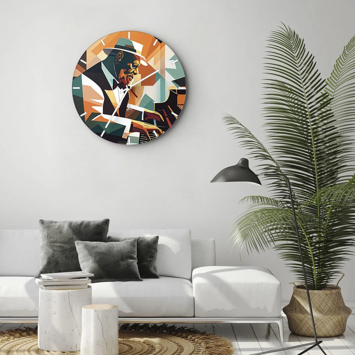 Wandklok - Klok - Jazzmuzikant aan de piano in geometrische stijl - 30x30cm - Al die jazz - Moderne wanddecoratie voor woonkamer, keuken en slaapkamer ARTTOR