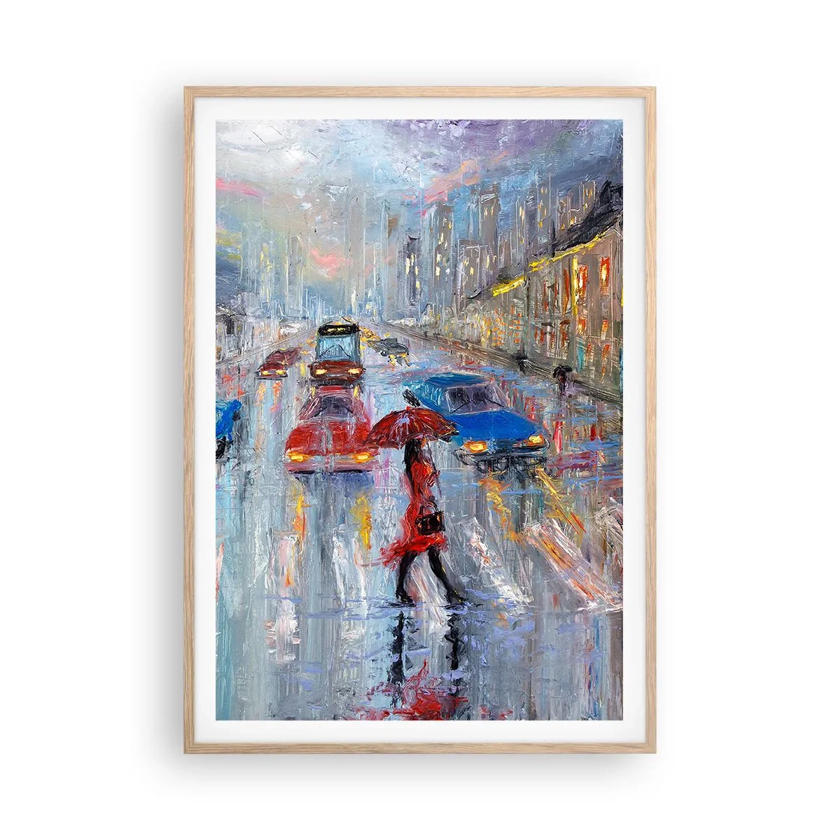 Een poster in een licht eiken lijst - Regenachtige middag in de stad - 70x100 cm