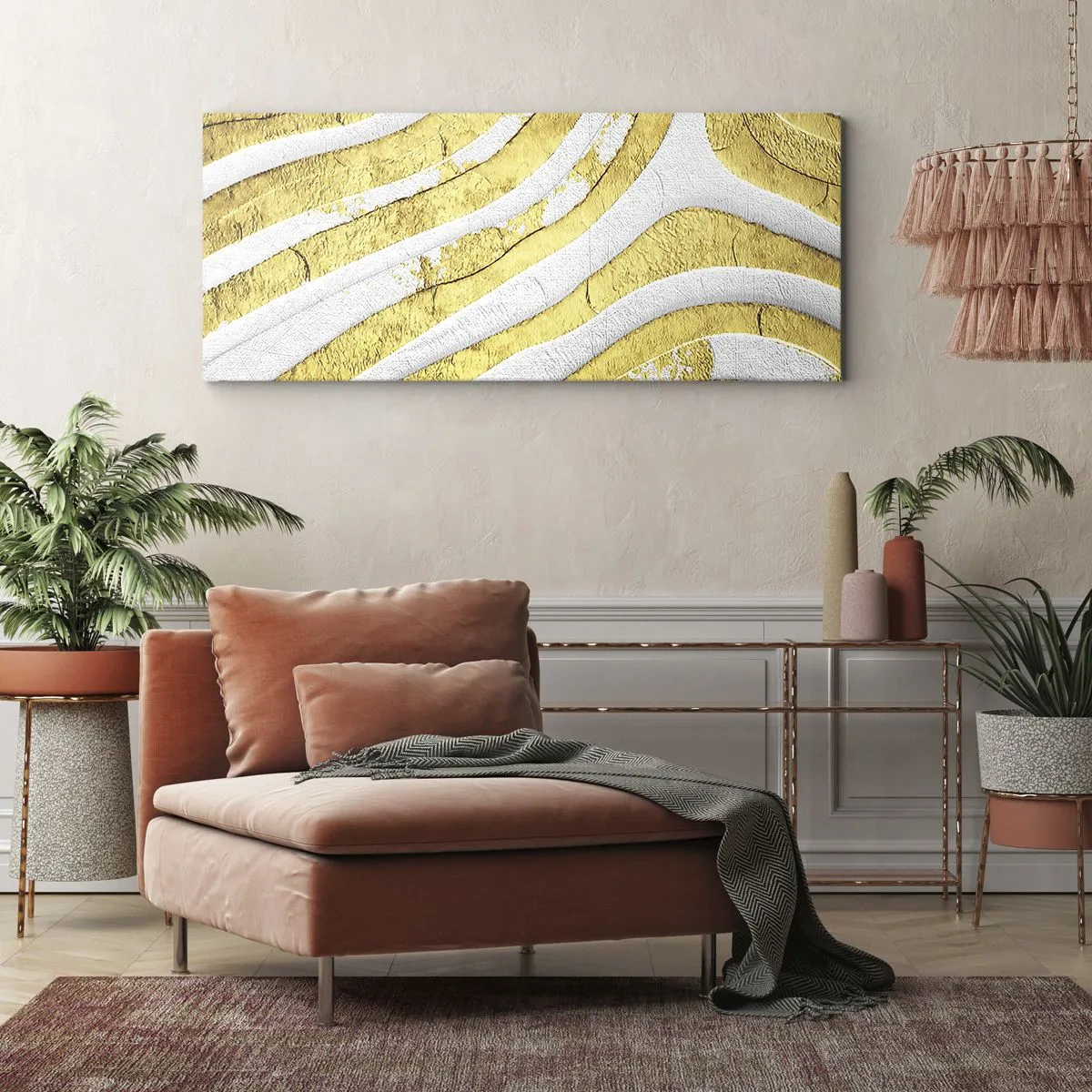 Schilderen op canvas - Compositie in wit en goud - 140x50 cm