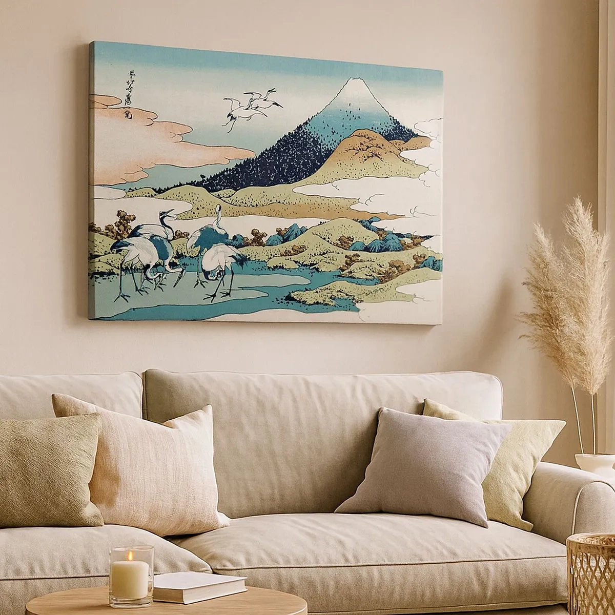 Schilderen op canvas - Traditionele Japanse afbeeldingen met bergen en kranen - 70x50cm - In de Japanse geest - Moderne wanddecoratie voor woonkamer en slaapkamer ARTTOR