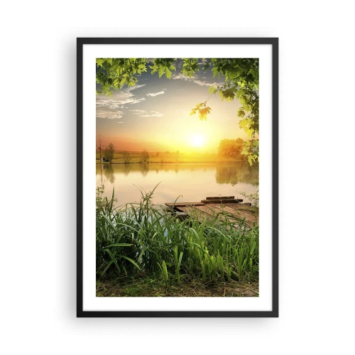 Poster in een zwarte lijst - Zonsondergang over het meer met een pier - 50x70cm - Landschap in een groen kader - Moderne wanddecoratie voor woonkamer en slaapkamer ARTTOR