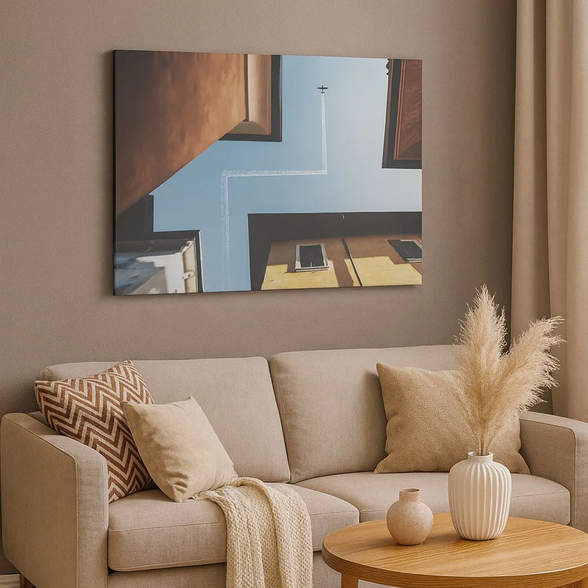 Schilderen op canvas - Uitzicht op het vliegtuig en zijn spoor in de lucht vanuit een straatperspectief - 70x50cm - Boven het doolhof van de stad - Moderne wanddecoratie voor woonkamer en slaapkamer ARTTOR