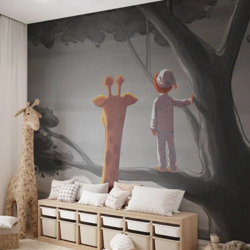 Fotobehang Standard Eco - Dit gebeurt echt - Giraffe, Kinderen, Droom - 150x105 cm