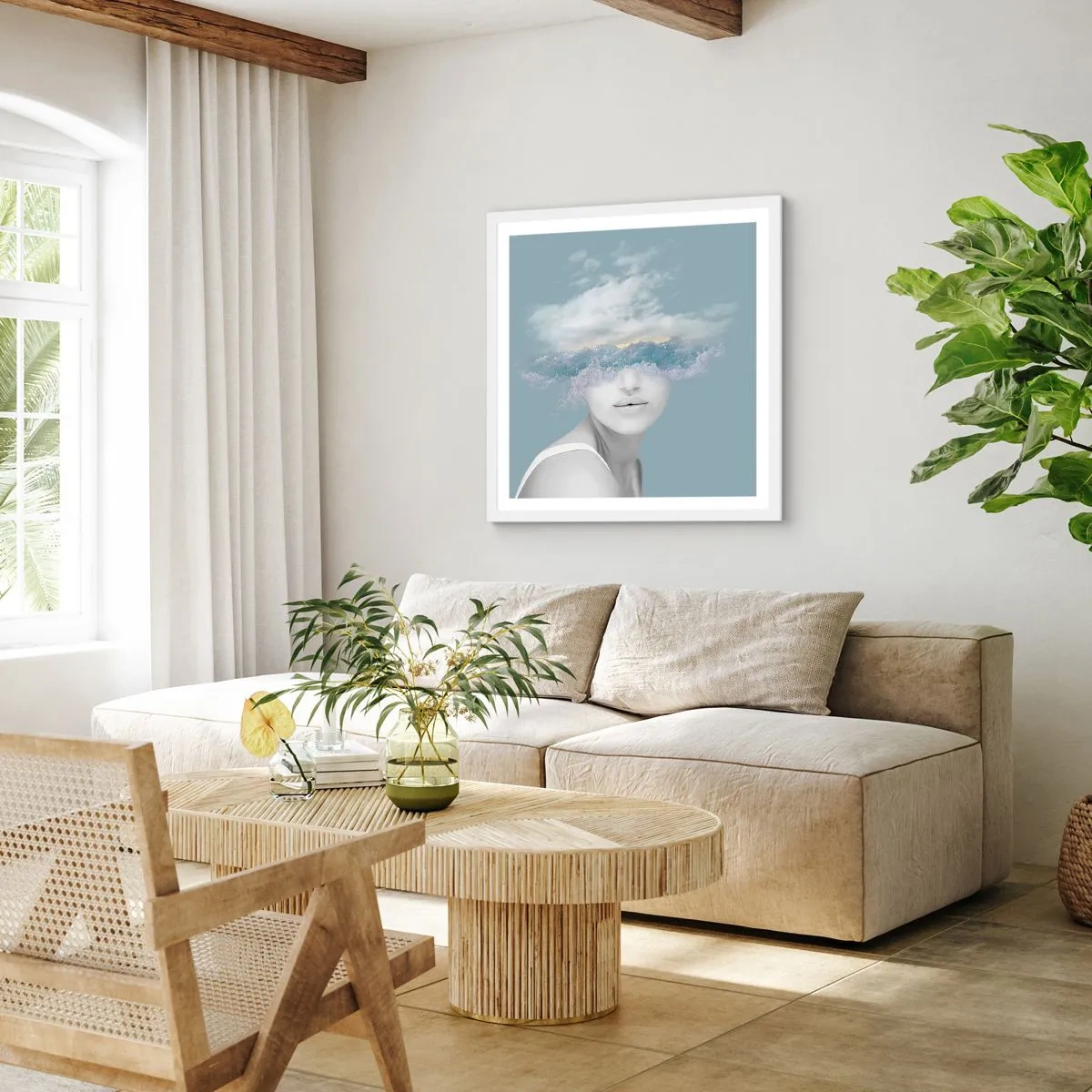 Poster in een witte lijst - Met hoofd in de wolken - 40x40 cm