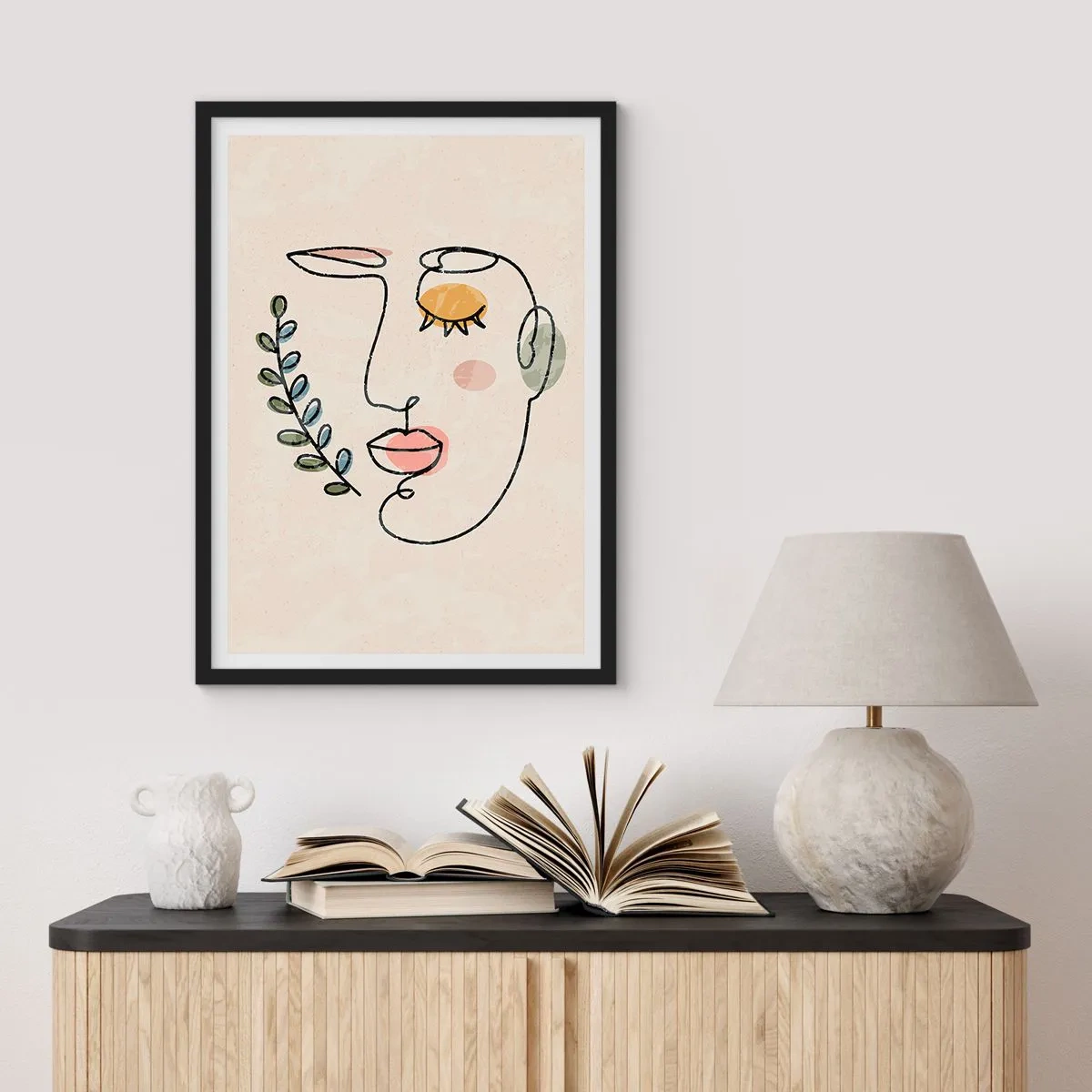 Poster in een zwarte lijst - Minimalistisch lijnenportret van een vrouw op een beige achtergrond - 50x70cm - Vrede gevonden - Moderne wanddecoratie voor woonkamer en slaapkamer ARTTOR
