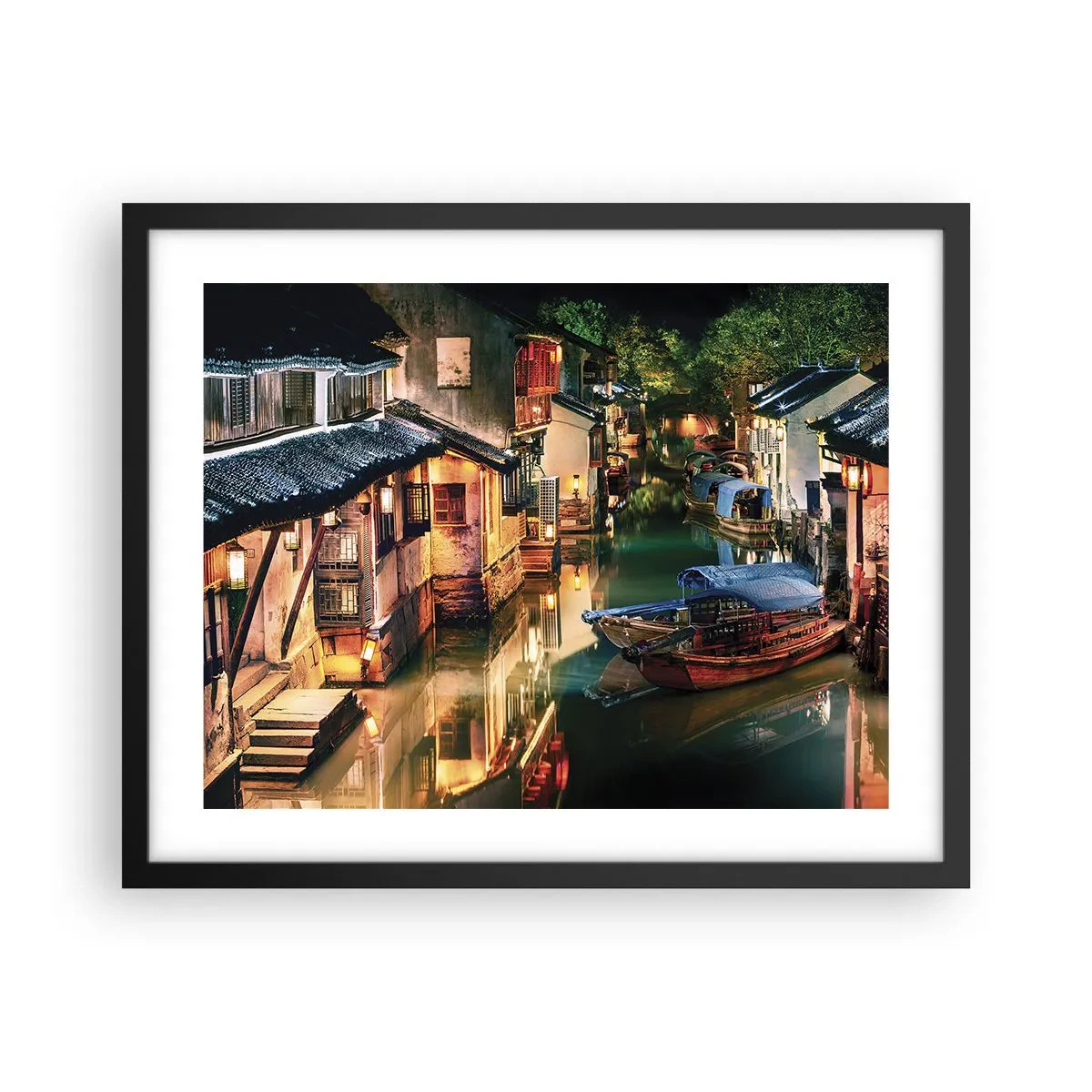 Poster in een zwarte lijst - Een avond op een Chinese straat - 50x40 cm