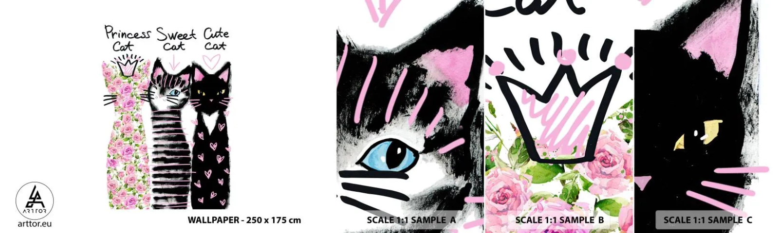 Fotobehang Monster Zelfklevend Deluxe Sticker - Er waren drie katten - Voor kinderen, Kat, Dieren - 100x30 cm