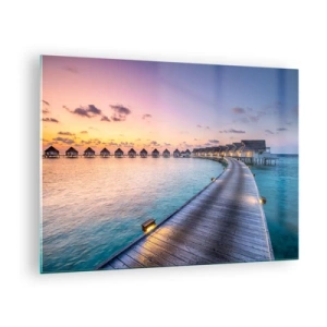 Schilderen op glas - Houten steiger die leidt naar luxe huisjes aan het water bij zonsondergang - 70x50cm - Vakantie - terug naar de bronnen - Moderne wanddecoratie voor woonkamer en slaapkamer ARTTOR