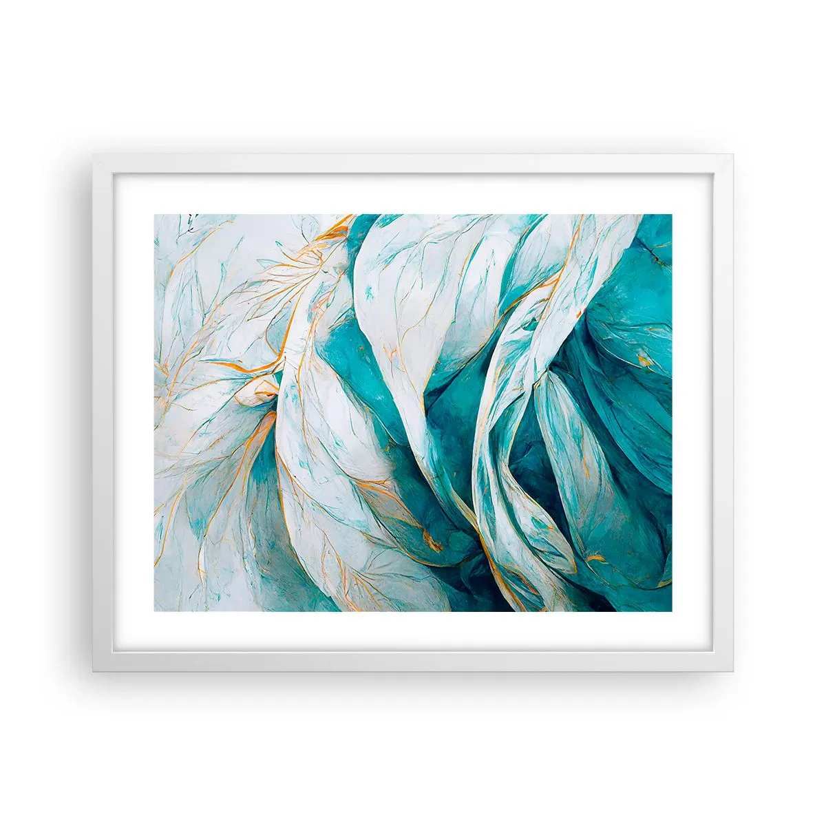 Poster in een witte lijst - Blauwe abstractie met een gouden motief - 50x40 cm