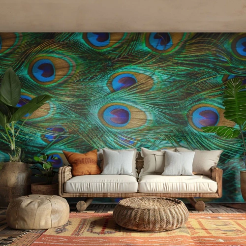 Fotobehang Standard Eco - Een pauwenooglook - Abstractie, Pauwenveren, Vogelveer - 350x256 cm