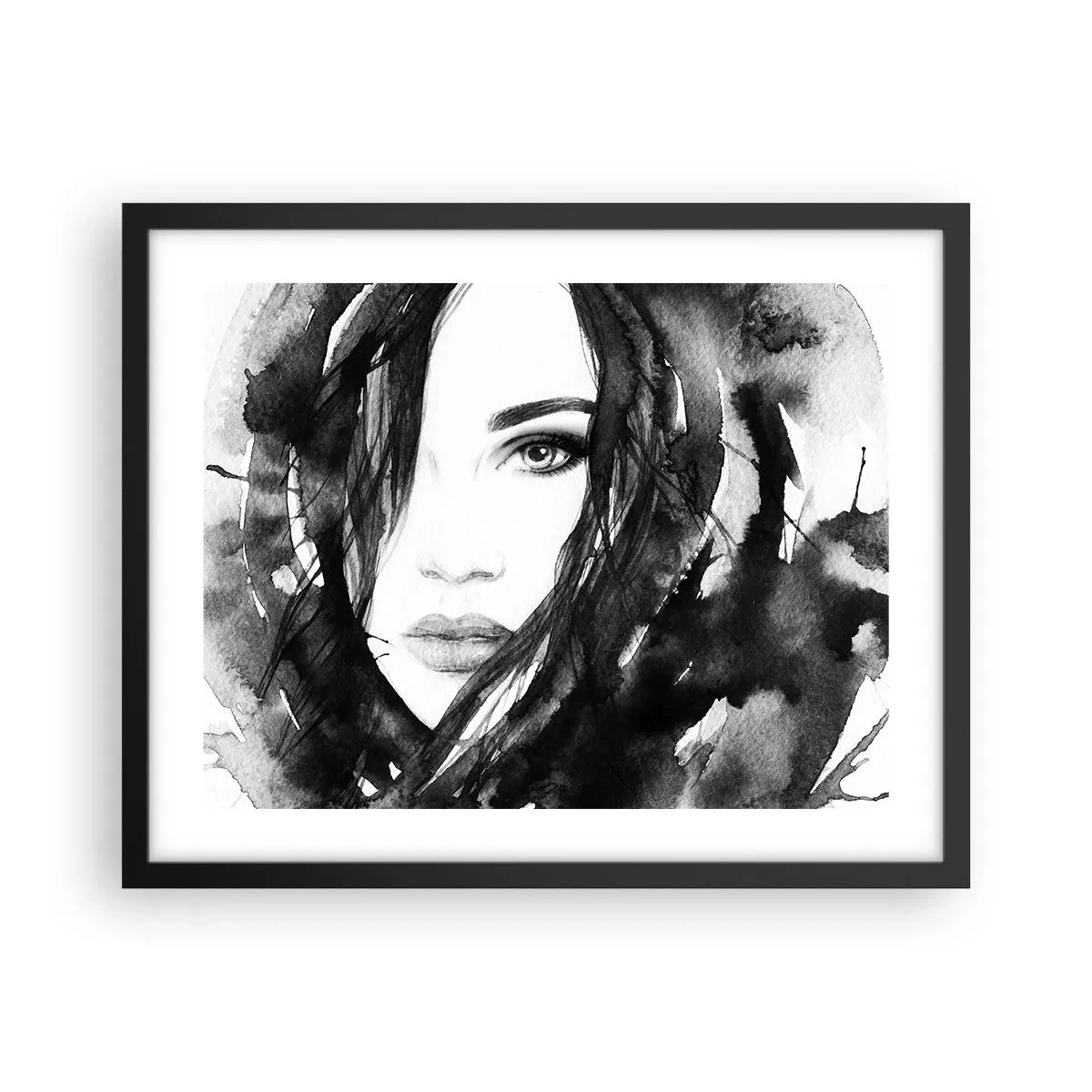 Poster in een zwarte lijst - Portret van een dame in zwart en wit - 50x40 cm