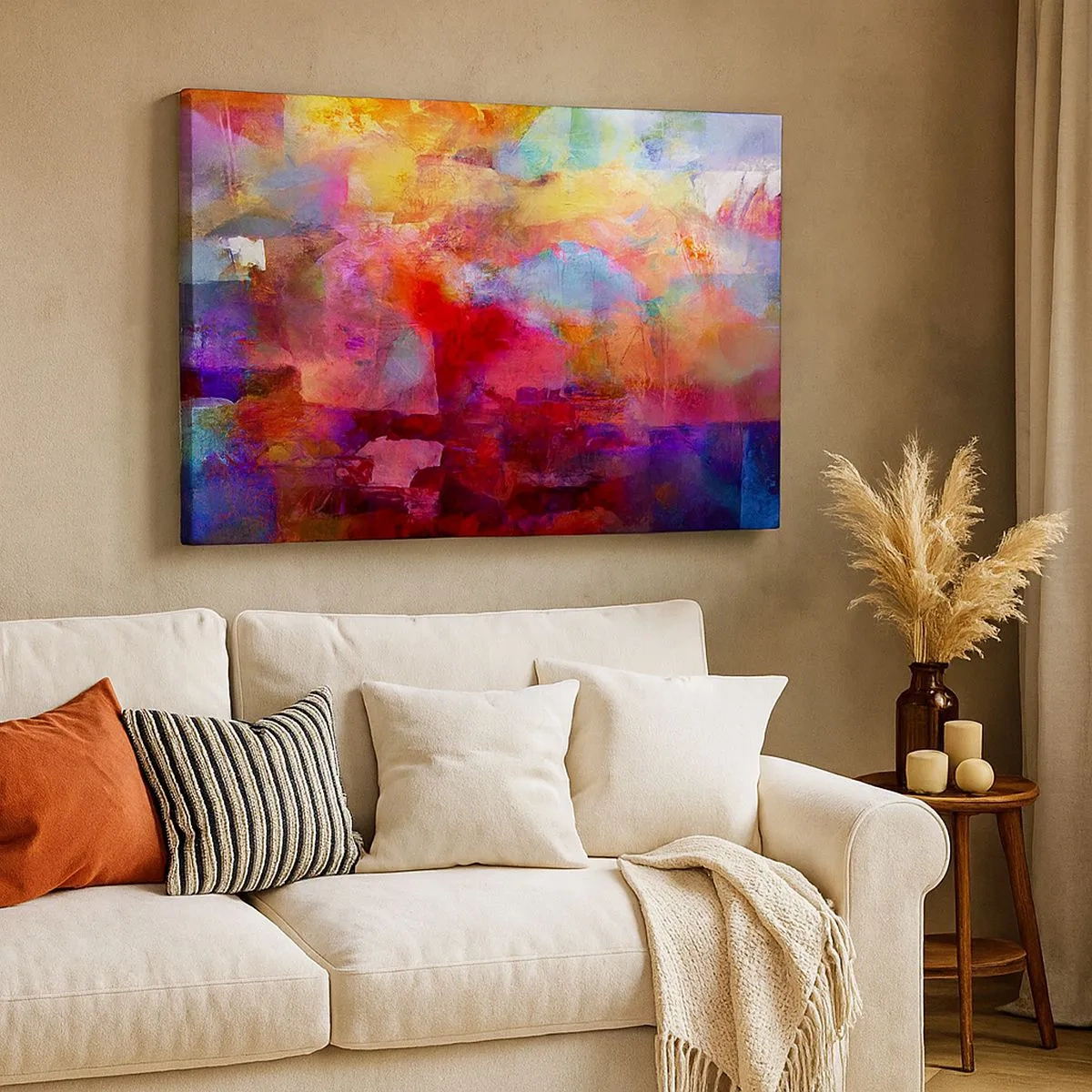 Schilderen op canvas - Kleurrijke abstractie in warme en koele tinten - 70x50cm - Kijk in de regenboog - Moderne wanddecoratie voor woonkamer en slaapkamer ARTTOR