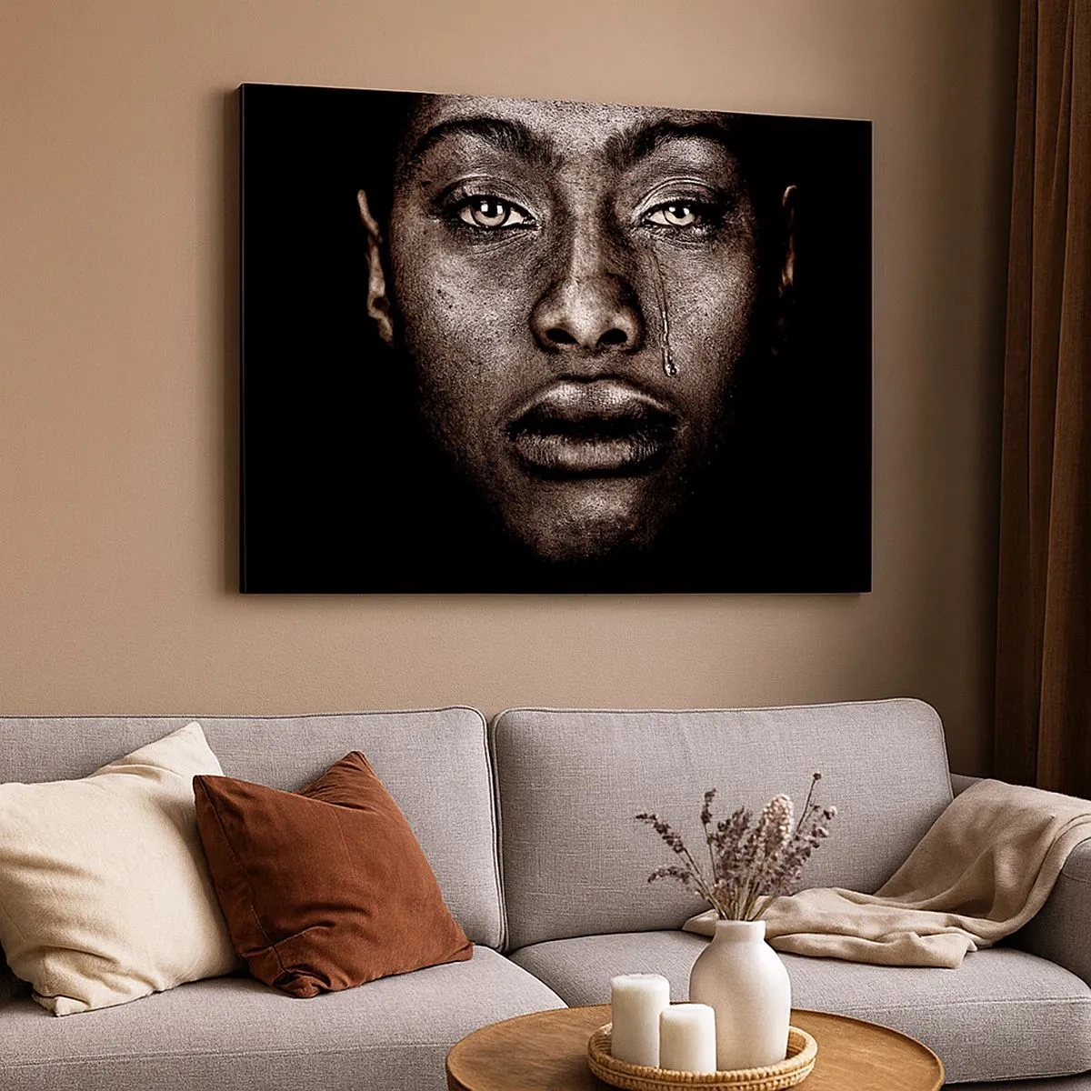 Schilderen op canvas - Portret van een gezicht met een enkele traan op een zwarte achtergrond - 70x50cm - een traan - Moderne wanddecoratie voor woonkamer en slaapkamer ARTTOR