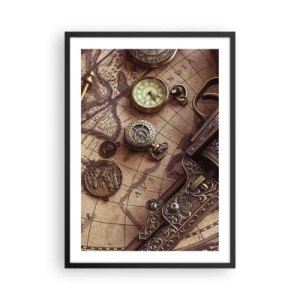 Poster in een zwarte lijst - Een kompas, een kaart en ouderwetse voorwerpen die avontuur symboliseren - 50x70cm - Avontuur roept - Moderne wanddecoratie voor woonkamer en slaapkamer ARTTOR