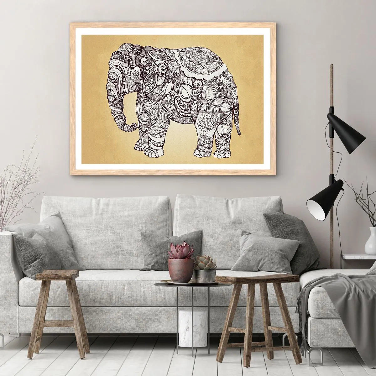 Een poster in een licht eiken lijst - De olifant heeft zichzelf bedekt - 50x40 cm