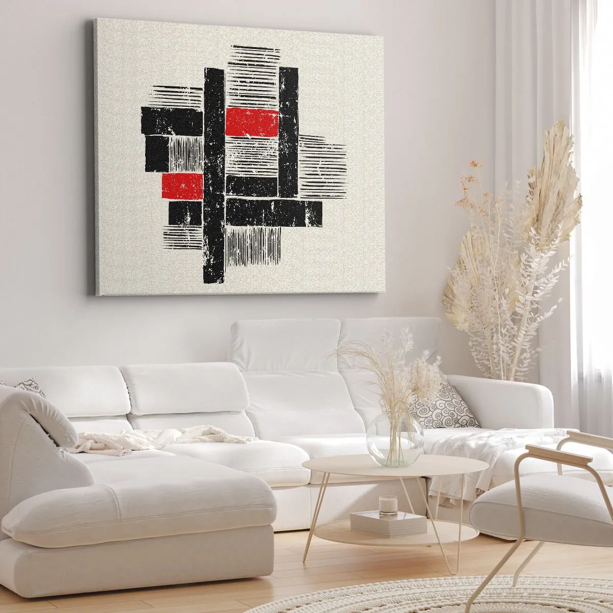 Schilderen op canvas - Abstracte geometrische compositie in zwart en rood - 70x50cm - Rood en zwart - Moderne wanddecoratie voor woonkamer en slaapkamer ARTTOR