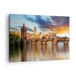 Schilderen op canvas - De historische brug over de rivier in het licht van de ondergaande zon - 70x50cm - Eeuwenlang mooi - Moderne wanddecoratie voor woonkamer en slaapkamer ARTTOR