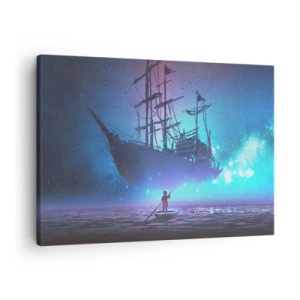 Schilderen op canvas - Een fantastisch schip tegen de sterrenhemel - 70x50cm - Ontmoeting met de mythe van de zee - Moderne wanddecoratie voor woonkamer en slaapkamer ARTTOR