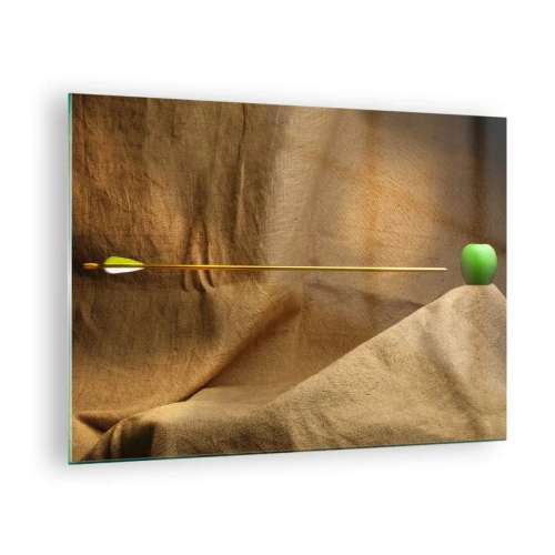 Schilderen op glas - Een groene appel op een beige achtergrond met een pijl die erin steekt. - 70x50cm - Roep de geest van William Tell op - Moderne wanddecoratie voor woonkamer en slaapkamer ARTTOR