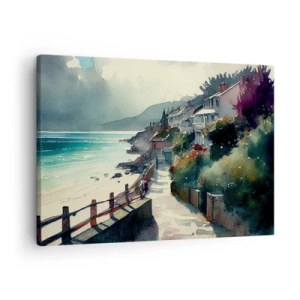 Schilderen op canvas - Zeeboulevard met huizen en vegetatie - 70x50cm - Mediterrane stad - Moderne wanddecoratie voor woonkamer en slaapkamer ARTTOR