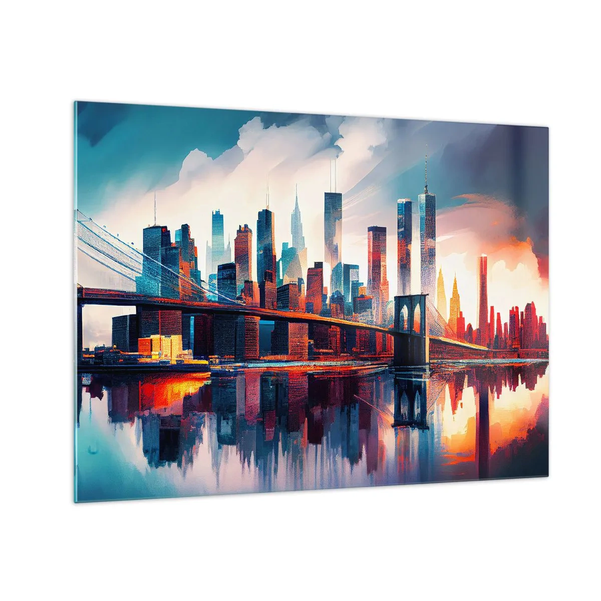 Schilderen op glas - Panorama van de stad met een brug tegen de kleurrijke lucht en weerspiegeling in het water - 70x50cm - Een droomachtig New York - Moderne wanddecoratie voor woonkamer en slaapkamer ARTTOR