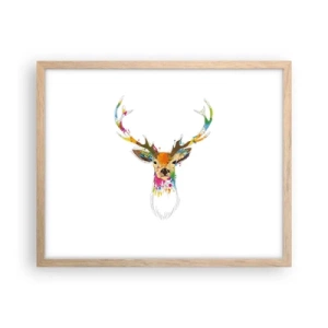 Een poster in een licht eiken lijst - Een zacht hert badend in kleur - 50x40 cm