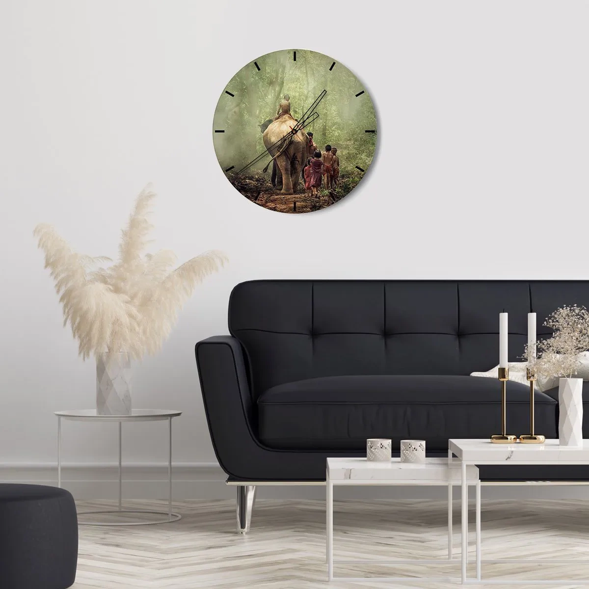 Wandklok - Klok - Kinderen en een olifant in een dicht bos in de ochtend - 30x30cm - Nieuw Jungle Boek - Moderne wanddecoratie voor woonkamer, keuken en slaapkamer ARTTOR