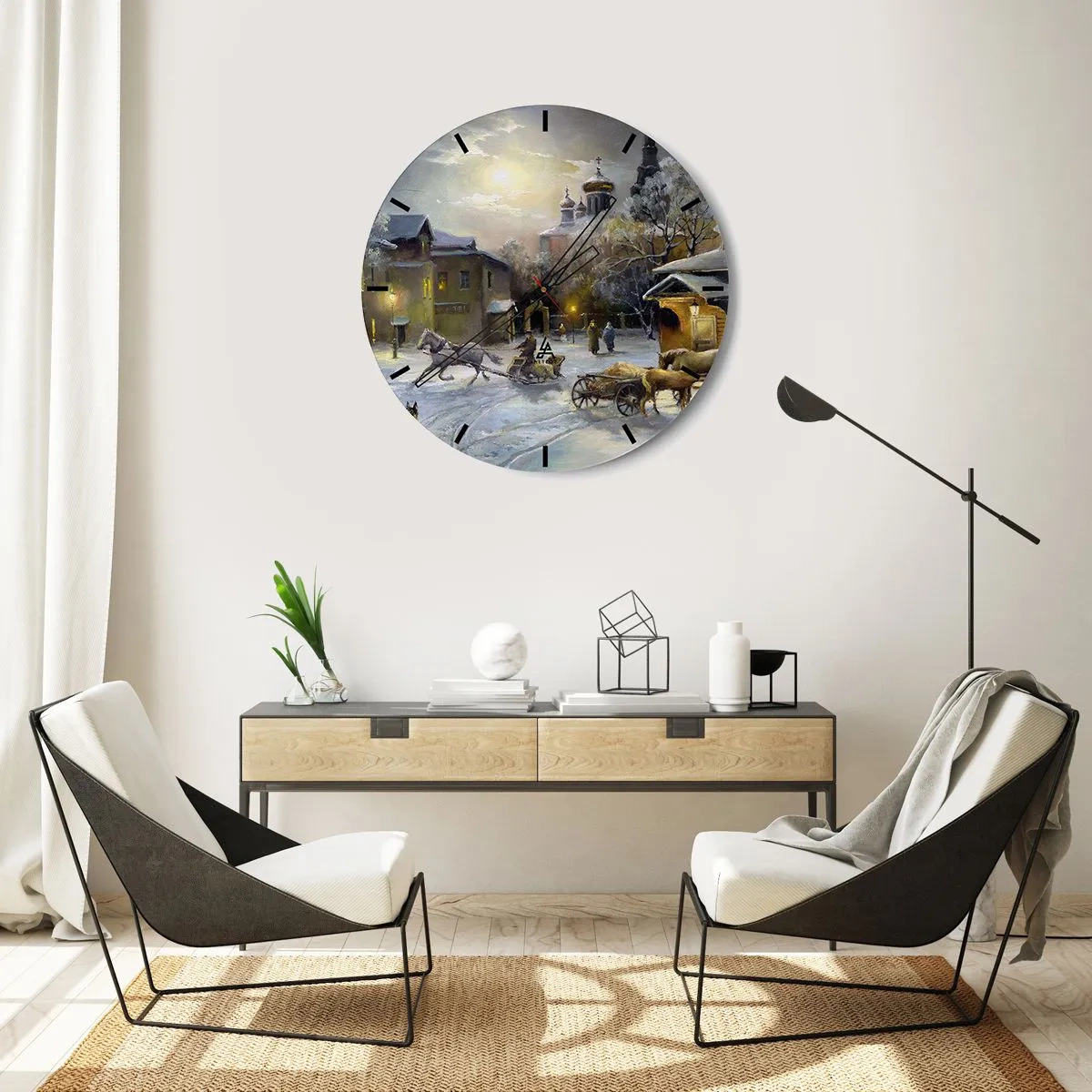 Wandklok - Klok - Winterlandschap met paarden en een kerk op de achtergrond - 30x30cm - De magie van de Russische winter - Moderne wanddecoratie voor woonkamer, keuken en slaapkamer ARTTOR
