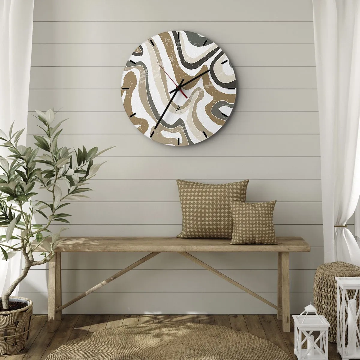 Wandklok - Klok - Slingerende aardkleurige strepen op een witte achtergrond - 30x30cm - Meanders van aardekleuren - Moderne wanddecoratie voor woonkamer, keuken en slaapkamer ARTTOR
