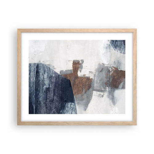 Een poster in een licht eiken lijst - Blauwe en bruine vormen - 50x40 cm