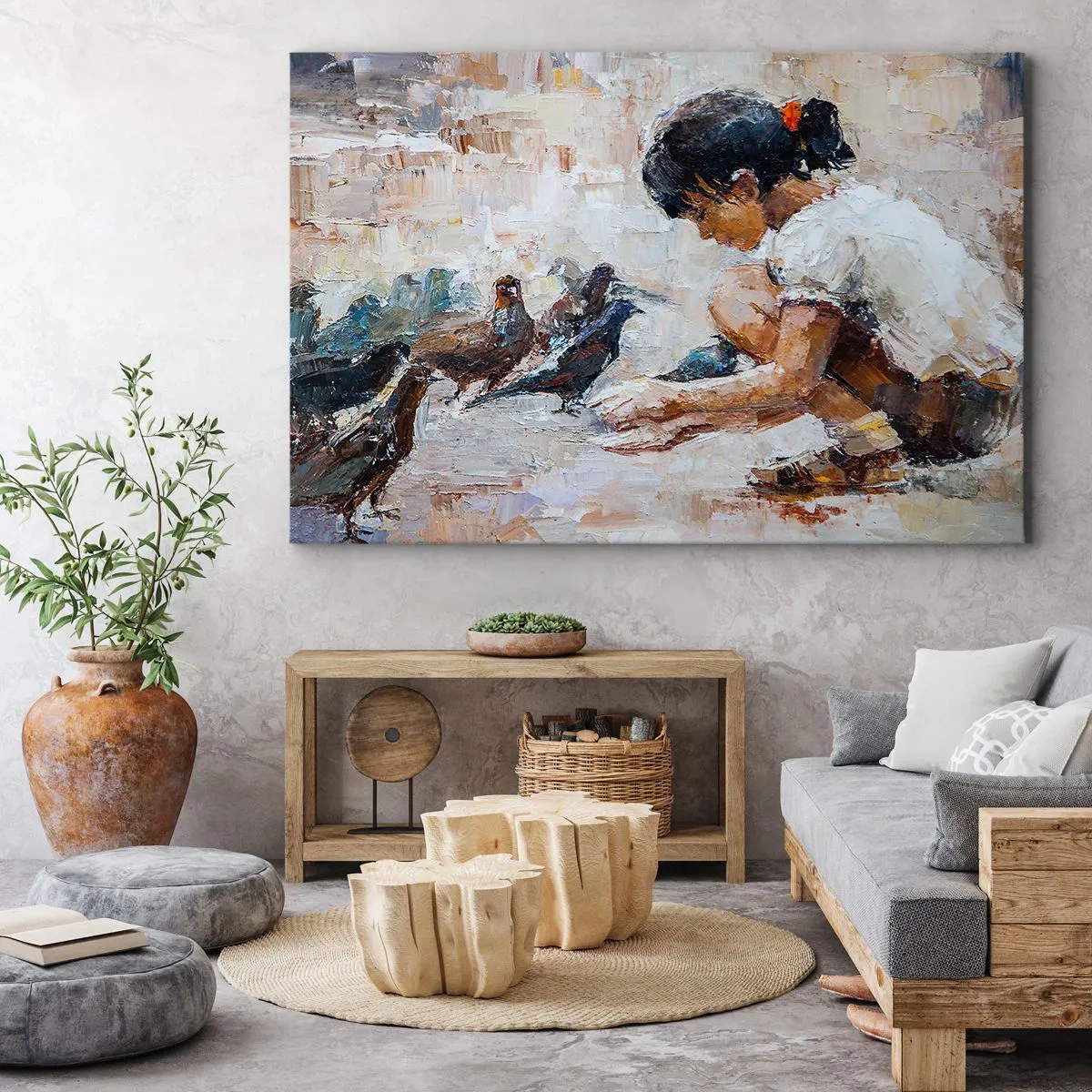 Schilderen op canvas - Een meisje dat vogels voedt in schilderachtige stijl - 70x50cm - De kleintjes en de leukste - Moderne wanddecoratie voor woonkamer en slaapkamer ARTTOR